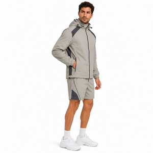 Ensemble veste coupe-vent à capuche et short pour homme, léger, séchage rapide, sportif, été, gris, polyester, OEM - Product Image 2