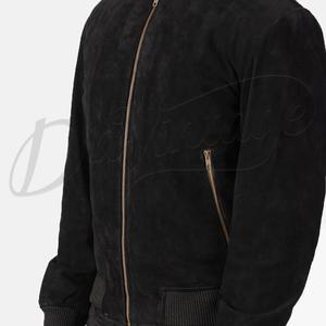Blouson Bomber Homme Personnalisé en Daim Noir, Minimaliste, Zippé, Col Baseball, Coupe Slim, Style Décontracté Streetwear - Product Image 1