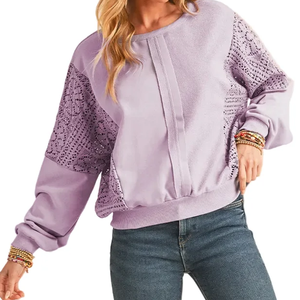 Suéter de Punto con Cuello Redondo y Mangas de Encaje para Mujer, Color Sólido, Informal, Otoñal, Transpirable, de Algodón - Product Image 1
