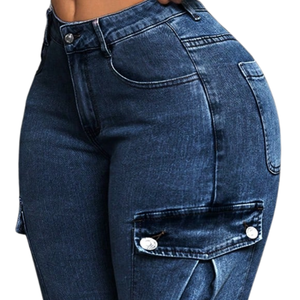 Women <b>Stretch</b> <b>Denim</b> Breathable Washed Cargo Capri Jeans Skinny Mid Rise Drawstring Hem Multi Pocket Casual Cropped Pants Summer - Product Image 3