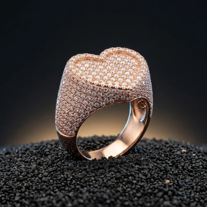 Rose Gold Pavé Heart Signet <b>Ring</b> Fully Iced In White <b>CZ</b> Stones For MEN Luxury Fashion Statement Jewelry Gift - Product Image 1