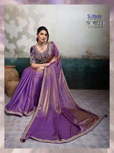 Sari indien élégant en soie satinée avec broderie de sequins, tenue traditionnelle pour mariage et fêtes, couleur violette - Product Image 2