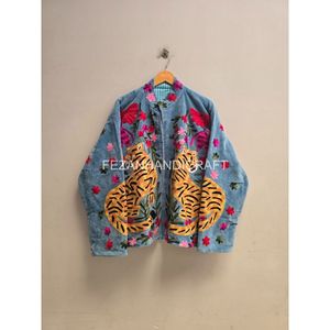 Hand Embroidered Cotton <b>Jacket</b> With Tiger And Floral <b>Pattern</b> Mandarin Collar Autumn Wear - Product Image 1