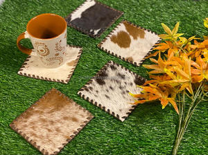 Handcrafted Real Cowhide Leather <b>Tea</b> Coaster <b>Set</b> Hair-On Coasters Table Placemats <b>Party</b> Favors Unique Western <b>Set</b> New Home Gift - Product Image 2