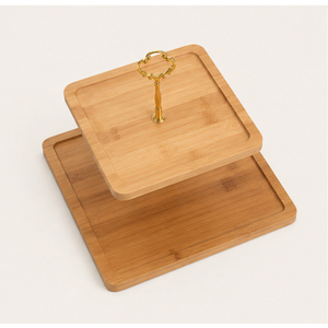 2-Tier Eco-Friendly <b>Square</b> Cake Stand with Luxury Gold Crown Handle Natural Wooden Dessert Display Tray for Cupcakes Pastries - Product Image 3