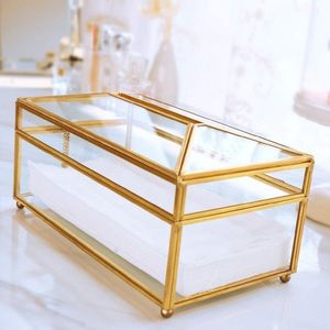 Caja de pañuelos de lujo de cristal con marco de metal dorado, dispensador decorativo de servilletas para hotel, restaurante, hogar, decoración de mesa de hotel - Product Image 1