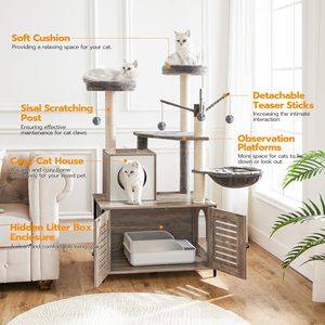 Árbol para gatos con caja de arena, 27.6"L x 18.9"W x 52"H, Mueble para gatos de interior, Condominio para gatos con hamaca y varita de juguete - Product Image 4