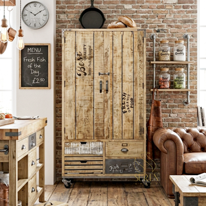 <b>Rustic</b> Mango Wood Storage Cabinet Industrial Almirah <b>Wardrobe</b> on Casters Living Room Furniture - Product Image 1
