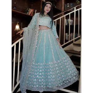 Lehenga Choli para Dama de Honor en Elegante Azul Cielo con Red de Lentejuelas - Product Image 6