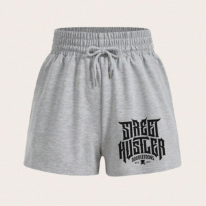 Pantalones Cortos Casuales de Punto Gris 100% Algodón con Cintura Ajustable con Cordón y Logotipo Ecológico Estampado en la Pierna Derecha - Product Image 4