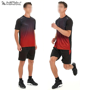 Premium Quality Training Outfit Set Stylish <b>Red</b>-Black Gradient Activewear Breathable Fabric Fitness Compression T-Shirt Shorts - Product Image 4