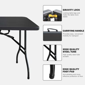 Portable <b>6ft</b> Black <b>Folding</b> <b>Table</b> High Load Bearing Plastic <b>Table</b> for Camping Picnics Parties - Product Image 3