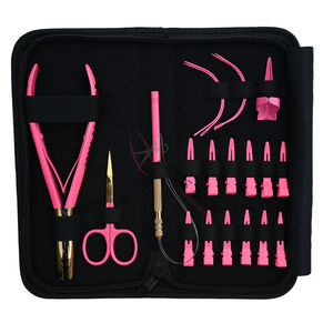 Juego de herramientas al por mayor para extensiones de cabello rosa con mini tijeras de precisión, pinzas de pico de pato, crimpador de cuentas de 2 orificios y anillo separador. - Product Image 1