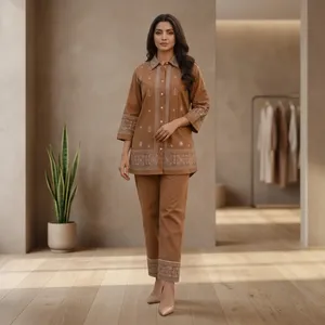 Women's Brown Embroidered Cotton Set <b>Three</b> <b>Quarter</b> Sleeve Full Length <b>Pants</b> Casual Bohemian Style All Seasons Wear - Product Image 1
