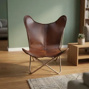 Fauteuil Papillon Moderne en Cuir Véritable avec Pieds en Métal, Dossier Fendu, Fait Main, Chaise de Loisirs pour Salon - Product Image 4