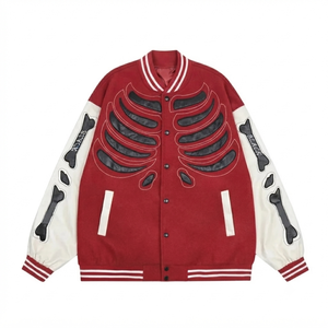 Blouson Bomber Streetwear Homme Hiver Personnalisable avec Applique Squelette, Manches en Laine/Viscose, Style Hip Hop Vintage - Product Image 1
