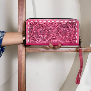 Wholesale Custom Tooled Floral Genuine Leather Pink Zipper Wallet Western Style New Fashion Card Holder Clutch <b>Purse</b> For Women - Product Image 2