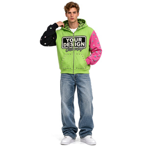 Sudadera con capucha y cremallera para hombre, de algodón, estilo urbano, con paneles de color desgastado personalizados, bordada, de moda casual. - Product Image 3