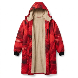Women's Red Geometric Print Hooded Parka With Sherpa Lining Water Resistant Long Coat - Product Image 1