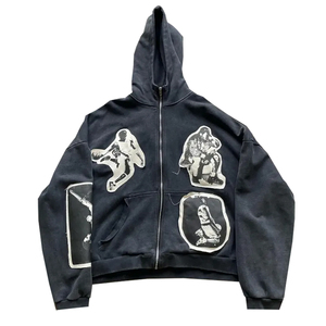 Unisex Custom LOGO High Quality Patch Embroidery Faded Fleece Distressed Double <b>Zip</b> Acid Wash Oversized <b>Pocket</b> <b>Hoodie</b> - Product Image 1