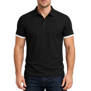 Polo classique noir pour homme, manches courtes, coupe ajustée, avec revers contrastants blancs, style décontracté et sportif - Product Image 1