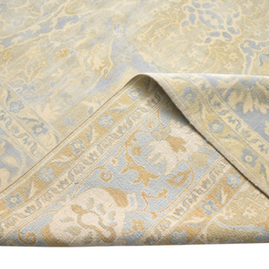 Tapis Oushak en laine noué à la main, beige doux et bleu pastel, motif floral médaillon, à poils ras, tapis traditionnel vintage pour sol domestique - Product Image 1
