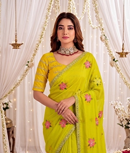 Sari de Seda Verde AARA Fashion con Diseño Floral para Mujer, Estilo Tradicional Indio-Pakistaní, Largo hasta el Suelo, Corte Regular, para Bodas - Product Image 3