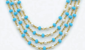 Sky Blue Crystal Beaded Chain <b>Black</b> Wire <b>Wrapped</b> Rosary Style Handmade Jewelry Supply - Product Image 1
