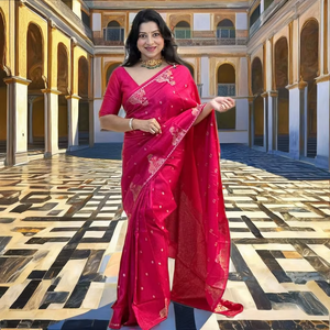 Sari traditionnel pour femme en soie pure Banarasi de luxe, tissé avec des fils d'argent Zari, doux, infroissable, protection solaire, hiver et été - Product Image 1