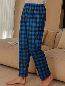 Wholesale Custom LOGO Blue Multicolor Plaid <b>Men's</b> <b>Pajama</b> Pants Drawstring Casual <b>Men's</b> <b>Flannel</b> Trousers - Product Image 2