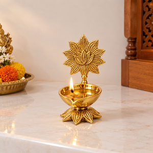 Handcrafted Lotus Backrest Brass Diya Standing Brass Oil Lamp Traditional Indian Pooja Deepam Decorative Oil Burner for <b>Mandir</b> - Product Image 3