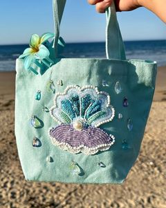 Luxury Shell Embroidered Beaded <b>Tote</b> Bag Women Pearl Ocean Theme <b>Canvas</b> Beach Bag - Product Image 1
