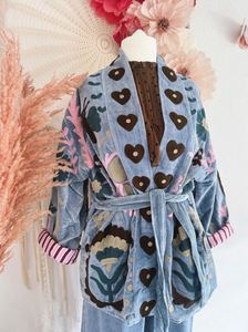 Boho Embroidery Denim Kimono <b>Cardigan</b> Long Sleeve Loose Fit Floral Pattern Hand Embroidered Casual Wear Spring Style - Product Image 5