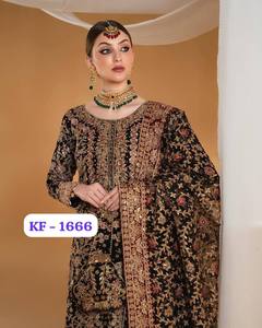 Ensemble ethnique haut de gamme en faux georgette brodé à la main avec sequins, design sur les deux côtés, entièrement cousu, comprenant un palazzo et un dupatta - Product Image 1