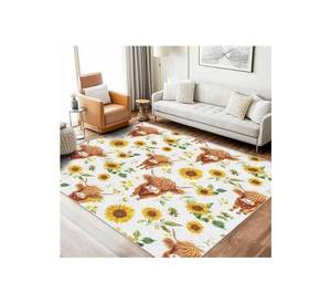 Alfombra Rectangular de Poliéster con Estampado de Girasoles y Vacas, Antideslizante con Base de Goma, para Sala de Estar, Estilo Rústico - Product Image 1