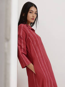 Robe maxi rayée à col polo, manches trois quarts, coupe ample, en coton et fibre de bambou, décontractée, pour tous les jours, respirante, tissu tissé - Product Image 4