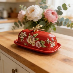 Red Floral Design Decorative Ceramic Butter Dish Perfect For Kitchen Storage And Table Presentation Handcrafted From India - Product Image 6