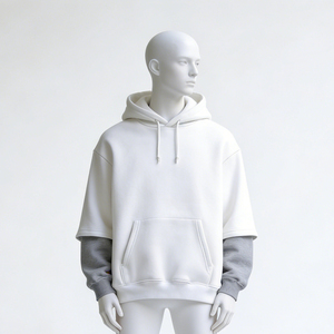 Sweat à capuche pour homme, coupe classique, 100% coton, hiver, manches superposées, poche contrastante, polaire, épaules tombantes, streetwear décontracté - Product Image 3
