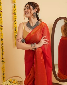 KV <b>Red</b> Chiffon Ready To Drape Bollywood Style <b>Saree</b> With Unstitched Blouse - Product Image 1