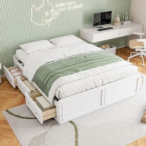 Lit plateforme blanc Queen Size avec 6 tiroirs, cadre en bois et revêtement en tissu - Product Image 1