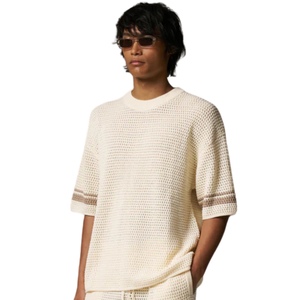Crochet Knitted Contrast Stripe T Shirt <b>Neutral</b> Short Sleeve Textured Summer Casual Top Breathable Knitwear - Product Image 4
