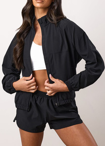 <b>Women</b>’s Windbreaker Black Lightweight Full Zipper Stand Collar Sports <b>Jacket</b> with Elastic and Matching Casual Short Activewear - Product Image 6