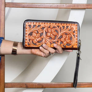 New Wholesale Factory Price Hand Tooled Genuine Leather <b>Women</b> Wristlet Clutches New Floral Pattern Everyday Evening Wallet <b>Purse</b> - Product Image 3
