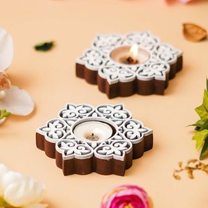 White Brown Wooden Floral <b>Printing</b> Block Decorative Tea Light Candle Holders, Diya <b>Stands</b> | Tea Light Holders | Christmas Diwali - Product Image 5