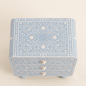 Handmade Light Blue Bone Inlay <b>Bedside</b> <b>Table</b> Floral Pattern 3 <b>Drawer</b> Nightstand End <b>Table</b> Living Room Furniture From India - Product Image 3