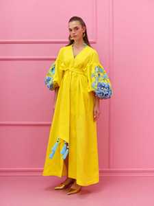 Women <b>Boho</b> Embroidered Cotton Maxi <b>Dress</b> Yellow Floral Puff Sleeve Tie Waist Tassel Ethnic Style Long <b>Summer</b> <b>Dress</b> - Product Image 4