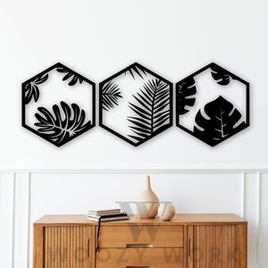 Conjunto de 3 Piezas de Arte Metálico Botánico Moderno para Pared, Decoración de Pared con Hojas Tropicales Negras, Adorno Hexagonal de Hierro para Colgar en la Pared de la Sala de Estar, Dormitorio u Oficina - Product Image 3