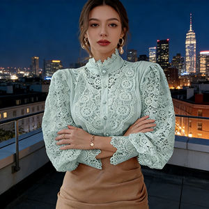 Oferta especial en Temu |   Blusa Retro con Cuello Mao y Encaje para Mujer, Camisa Casual Elegante con Mangas Abullonadas y Diseño Calado para el Día a Día - Product Image 4