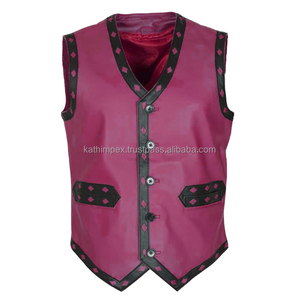 Chaleco de cuero rosa con cuello en V para hombre de alta calidad con cierre de estilo de botón de cuerno transpirable servicio al por mayor OEM para pedidos a granel - Product Image 1