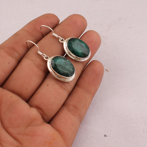 925 Sterling <b>Silver</b> Engagement Emerald Quartz Vintage Dangle Drop <b>Earrings</b> Faceted Oval Gemstone Bezel Set Jewelry Wholesale - Product Image 2